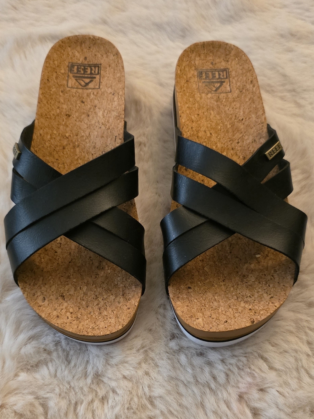 Reef Women Black Cork Cross-Strap Slide Mules